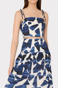 MILLY Jumpsuits & Rompers-Ocean Puzzle Viscose Linen Tie Top Navy Multi