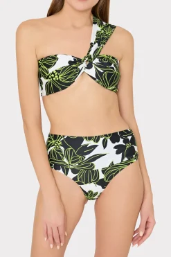 MILLY Bikinis-Olivia Sea Of Petals Draped Bandeau Top Chartreuse/Black