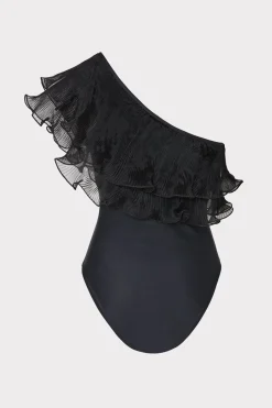 MILLY One Piece Swimsuits-Pleated Organza One Shoulder One Piece Black