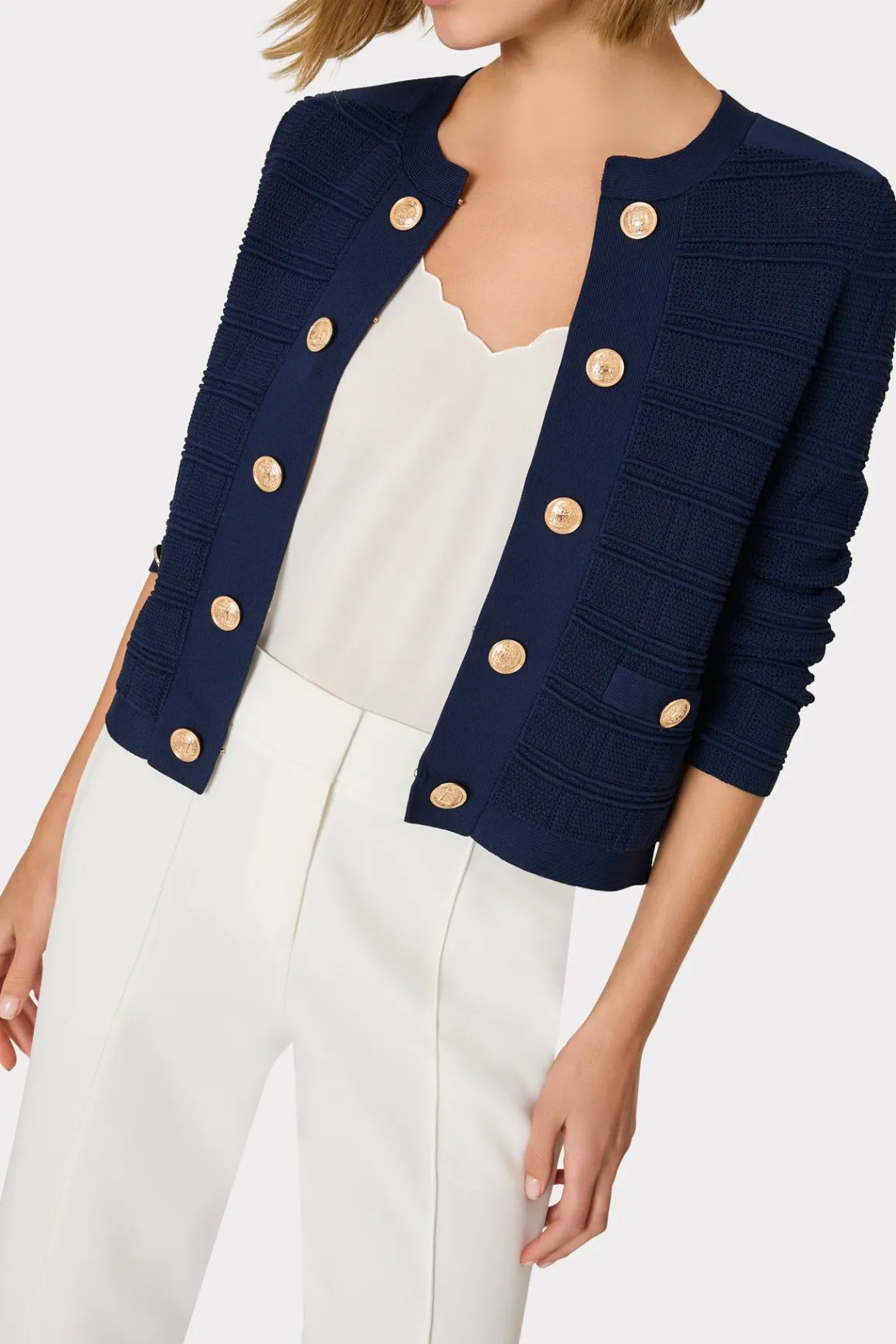 MILLY Jumpsuits & Rompers-Pointelle Textured Knit Jacket Navy