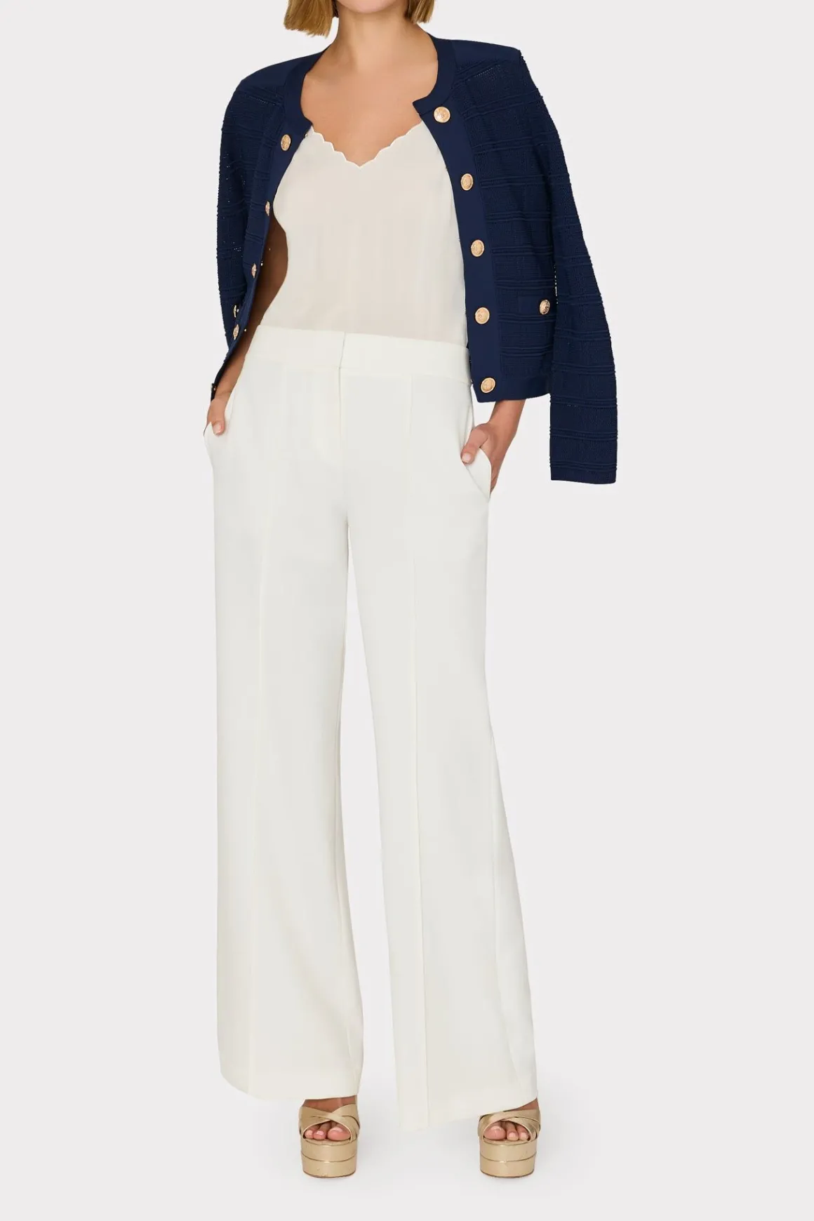 MILLY Sweaters & Knits-Pointelle Textured Knit Jacket Navy