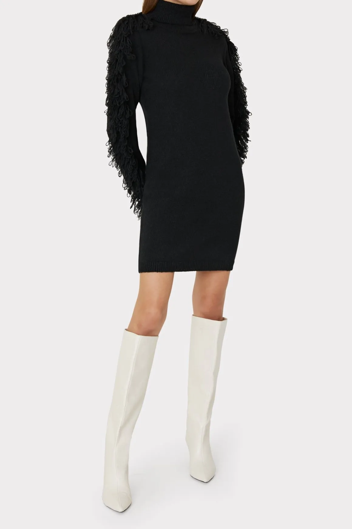 MILLY Little Black Dresses-Rowe Fringe Sleeve Turtleneck Mini Dress Black