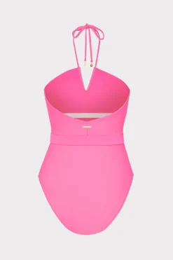MILLY Jumpsuits & Rompers-Ruched Halter One Piece Neon Pink