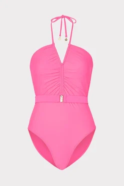 MILLY One Piece Swimsuits-Ruched Halter One Piece Neon Pink