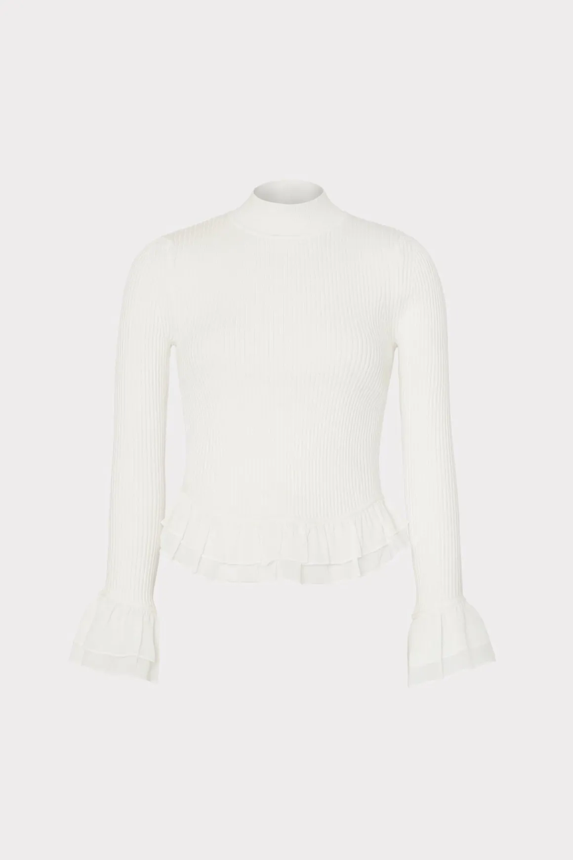 MILLY Tops-Ruffle Knit Mock Neck Ecru