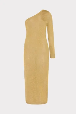 MILLY Knit Dresses-Senna Metallic One Shoulder Midi Dress Gold