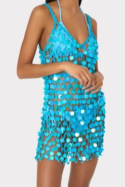 MILLY Cover-Ups-Sequin Crochet Mini Sleeveless Dress Blue