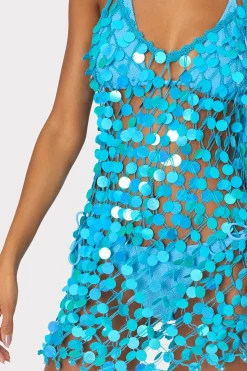 MILLY Cover-Ups-Sequin Crochet Mini Sleeveless Dress Blue