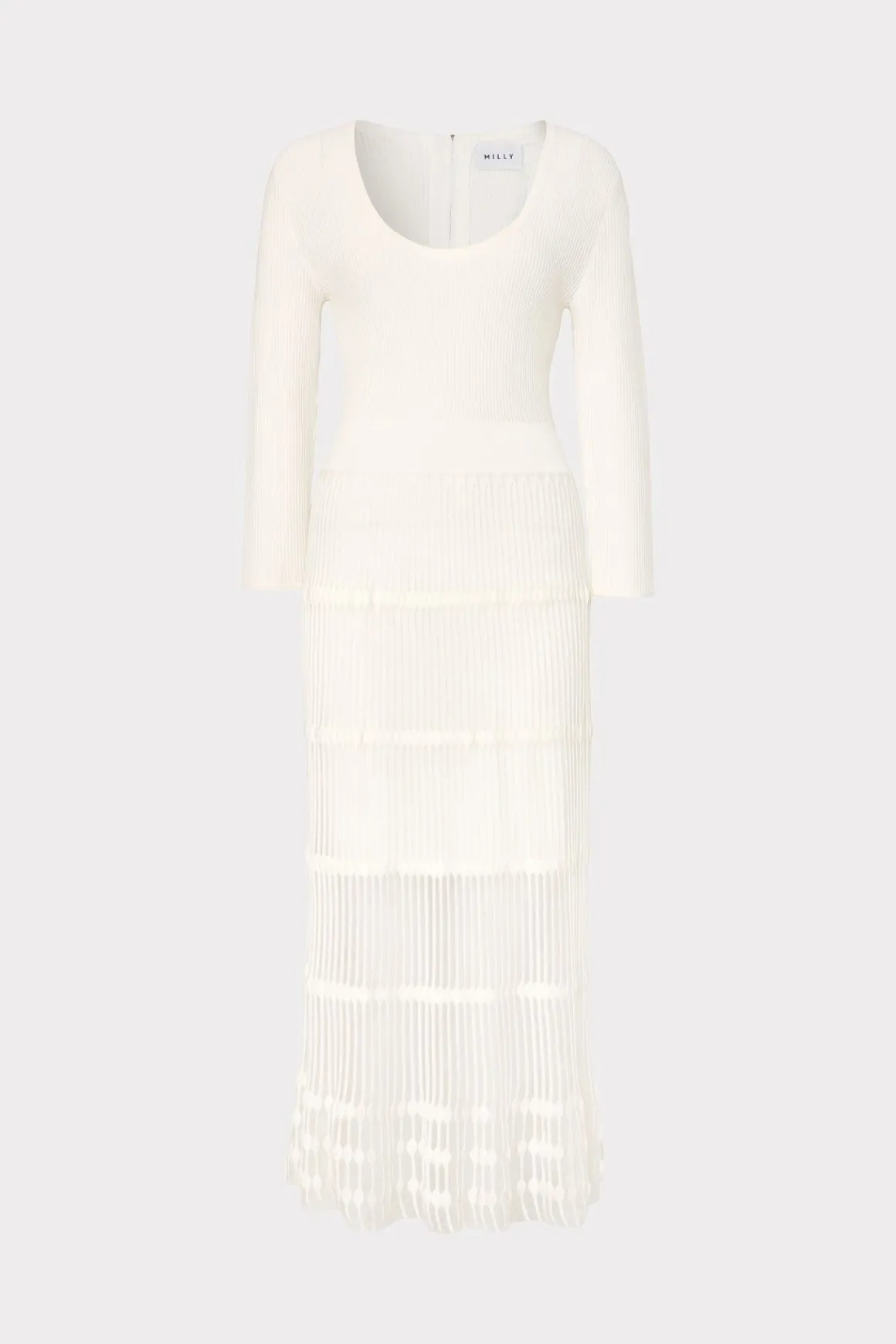 MILLY Knit Dresses-Sheer Knit Fit And Flare Dress Ecru