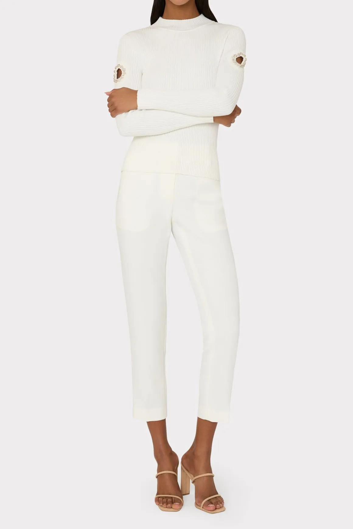 MILLY Tops-Shoulder Cut Out Knit Mock Neck Ecru