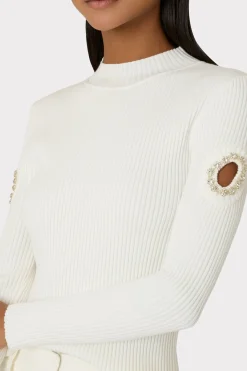 MILLY Tops-Shoulder Cut Out Knit Mock Neck Ecru