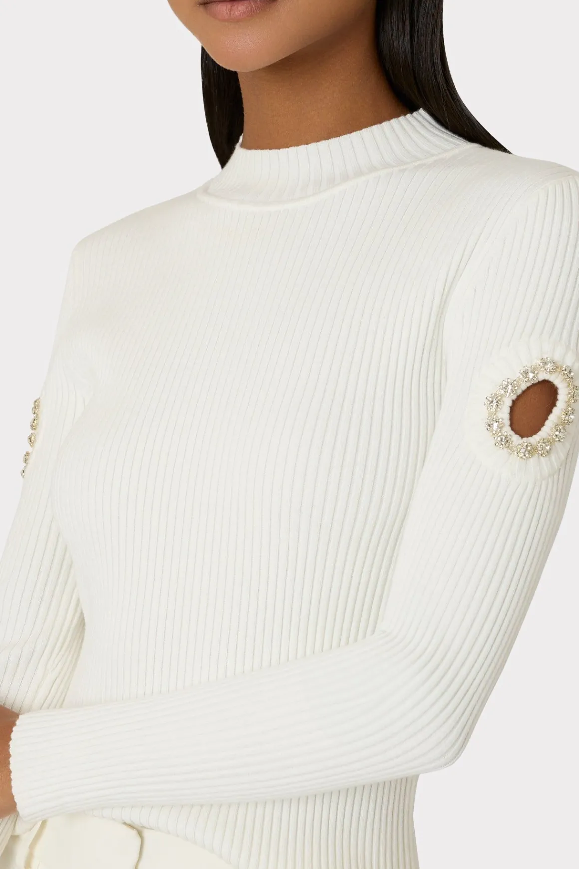 MILLY Tops-Shoulder Cut Out Knit Mock Neck Ecru