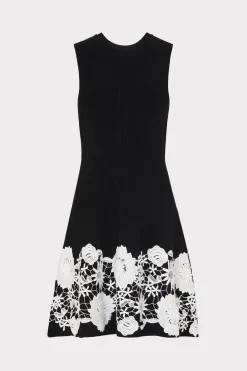 MILLY Mini Dresses-Sleeveless Lace Trim Fit And Flare Dress Black/Ecru