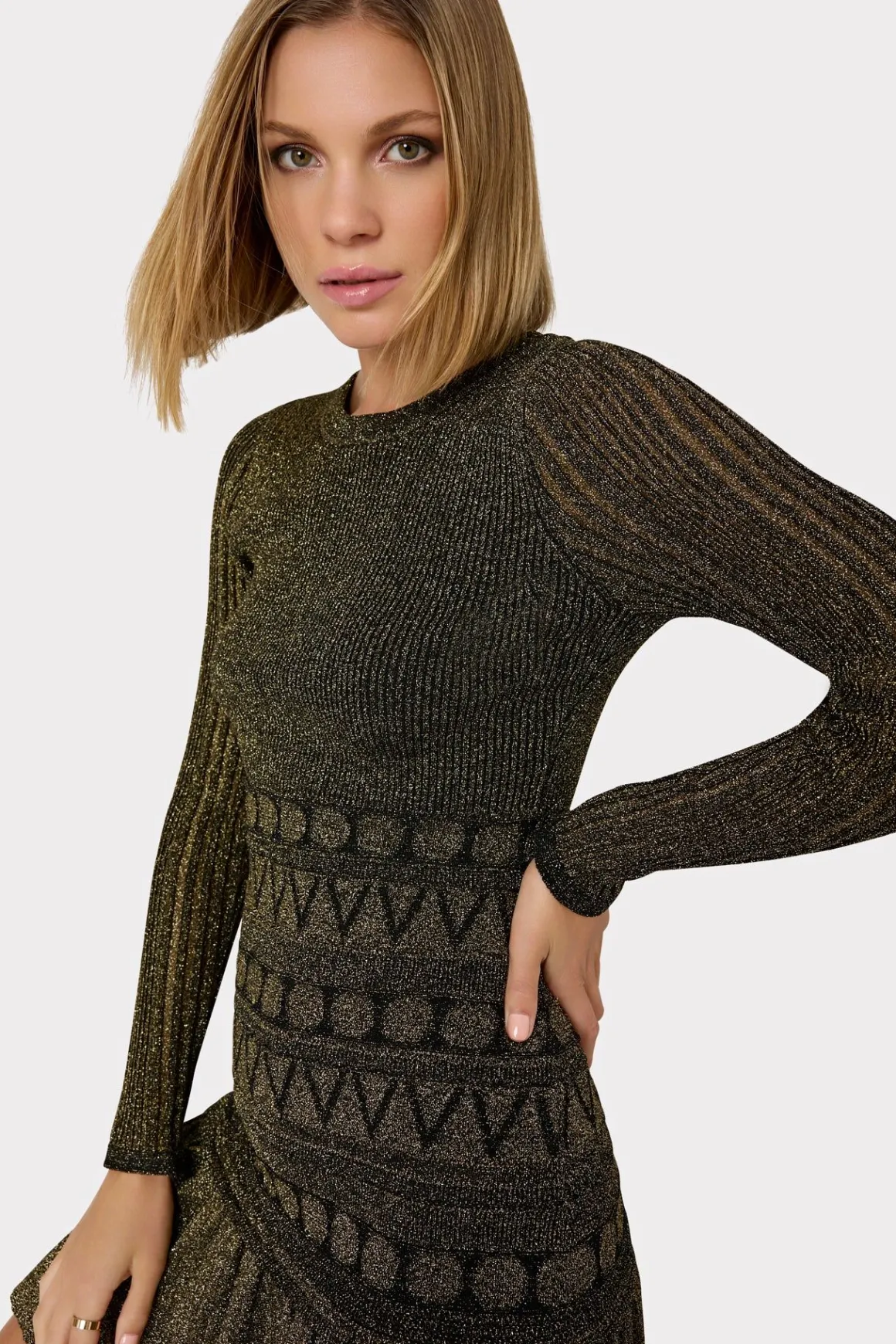 MILLY Knit Dresses-Solene Metallic Ruffle Mini Dress Gold