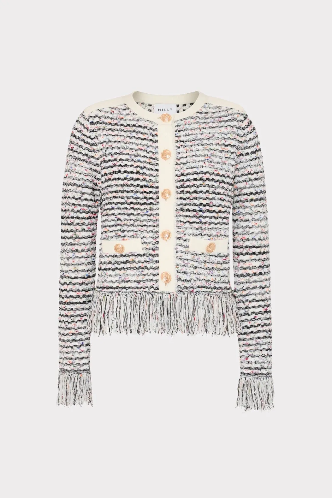 MILLY Sweaters & Knits-Textured Fringe Cardigan Jacket Ecru Multi