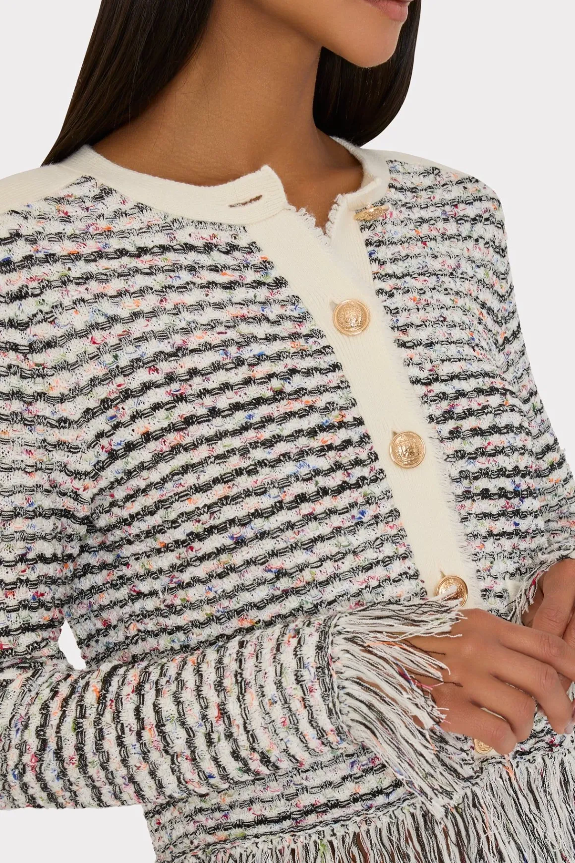 MILLY Sweaters & Knits-Textured Fringe Cardigan Jacket Ecru Multi