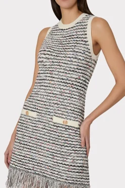 MILLY Day Dresses-Textured Fringe Knit Mini Dress Ecru Multi