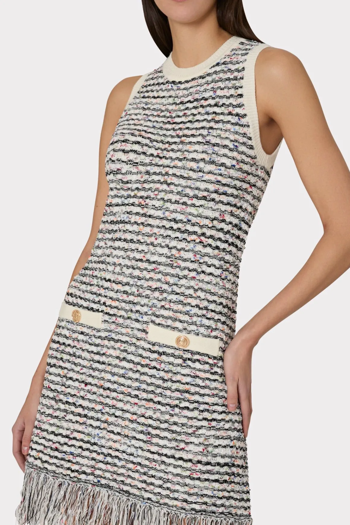 MILLY Day Dresses-Textured Fringe Knit Mini Dress Ecru Multi