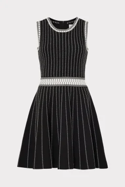 MILLY Knit Dresses-Vertical Texture Fit And Flare Dress Black/Ecru