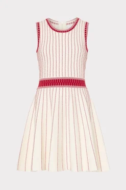 MILLY Mini Dresses-Vertical Texture Fit And Flare Dress Ecru/Red