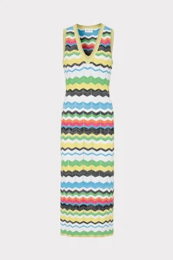 MILLY Knit Dresses-V-Neck Zig Zag Midi Dress Yellow Multi
