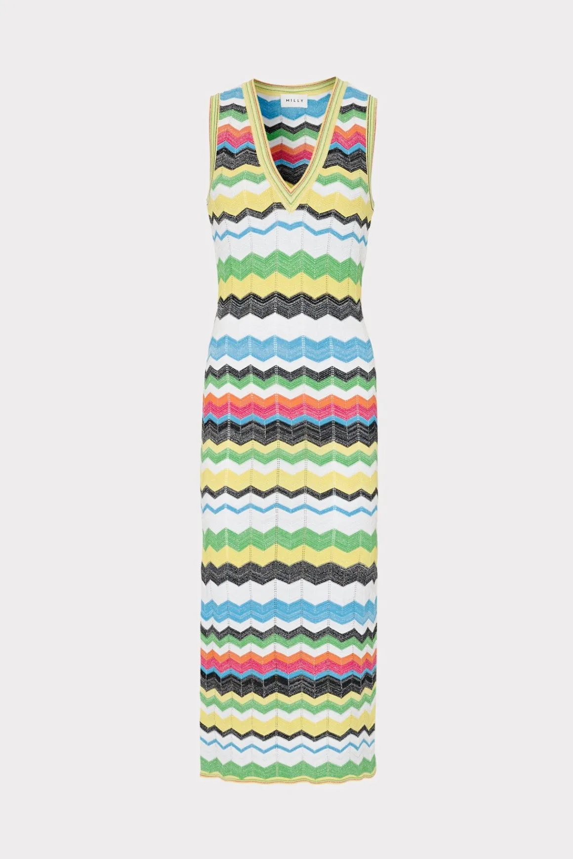 MILLY Knit Dresses-V-Neck Zig Zag Midi Dress Yellow Multi