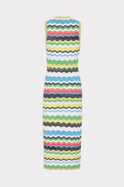 MILLY Knit Dresses-V-Neck Zig Zag Midi Dress Yellow Multi