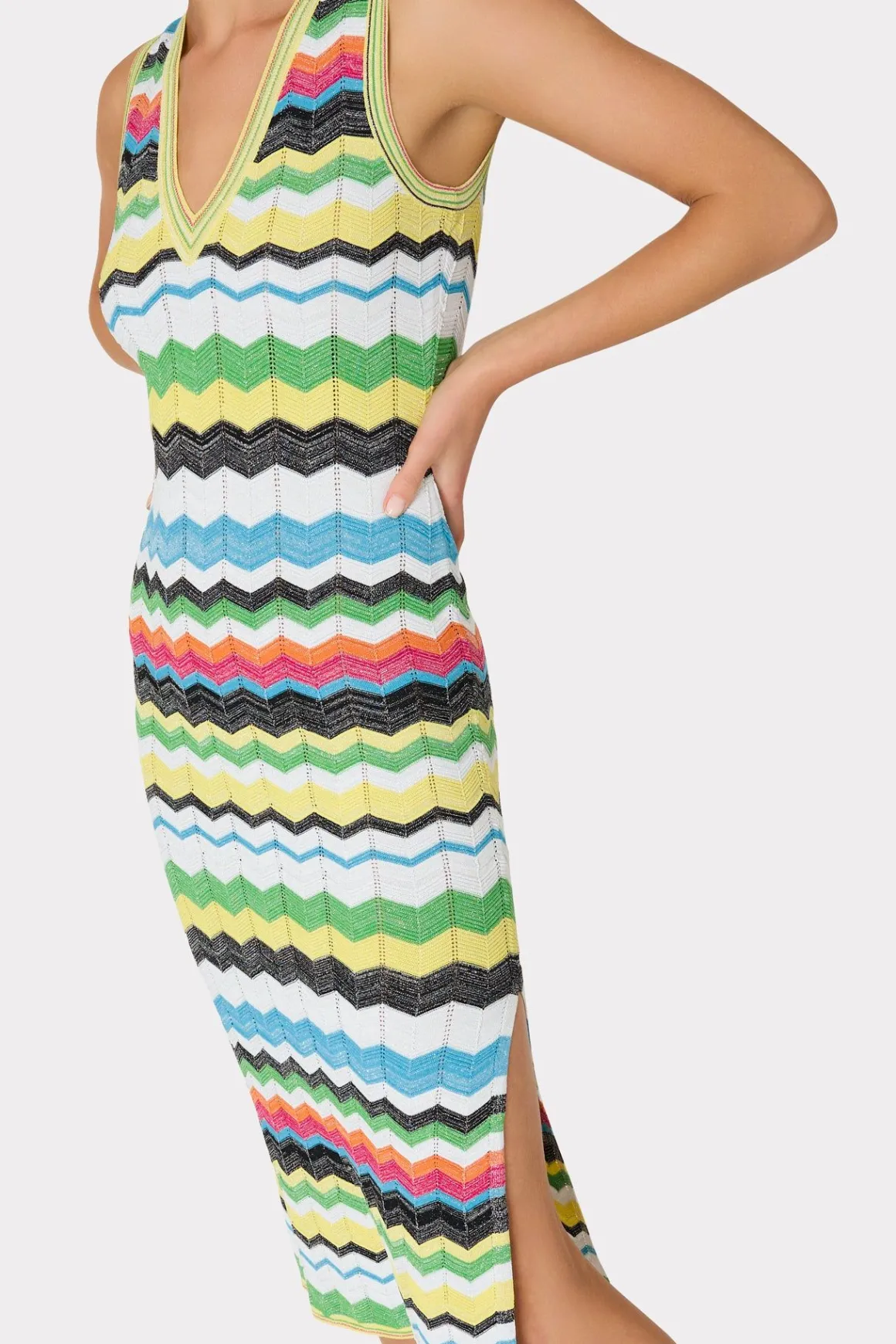 MILLY Sundresses-V-Neck Zig Zag Midi Dress Yellow Multi
