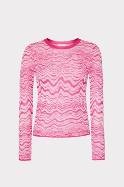 MILLY Tops-Wave Jacquard Crewneck Pullover Pink/Ecru