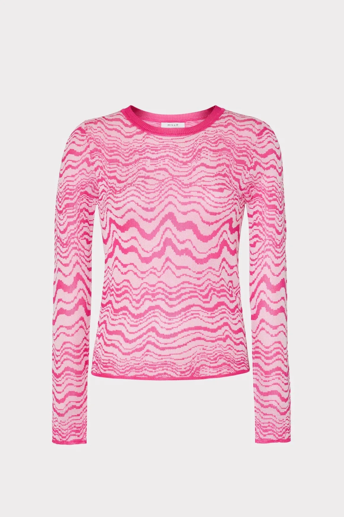 MILLY Tops-Wave Jacquard Crewneck Pullover Pink/Ecru