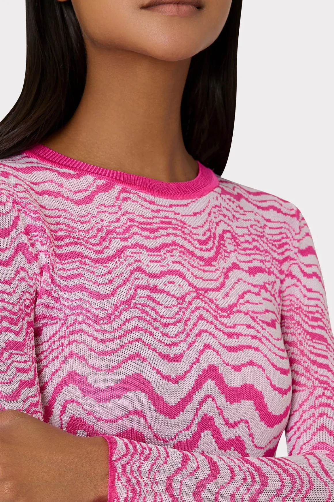MILLY Tops-Wave Jacquard Crewneck Pullover Pink/Ecru