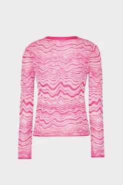 MILLY Sweaters & Knits-Wave Jacquard Crewneck Pullover Pink/Ecru