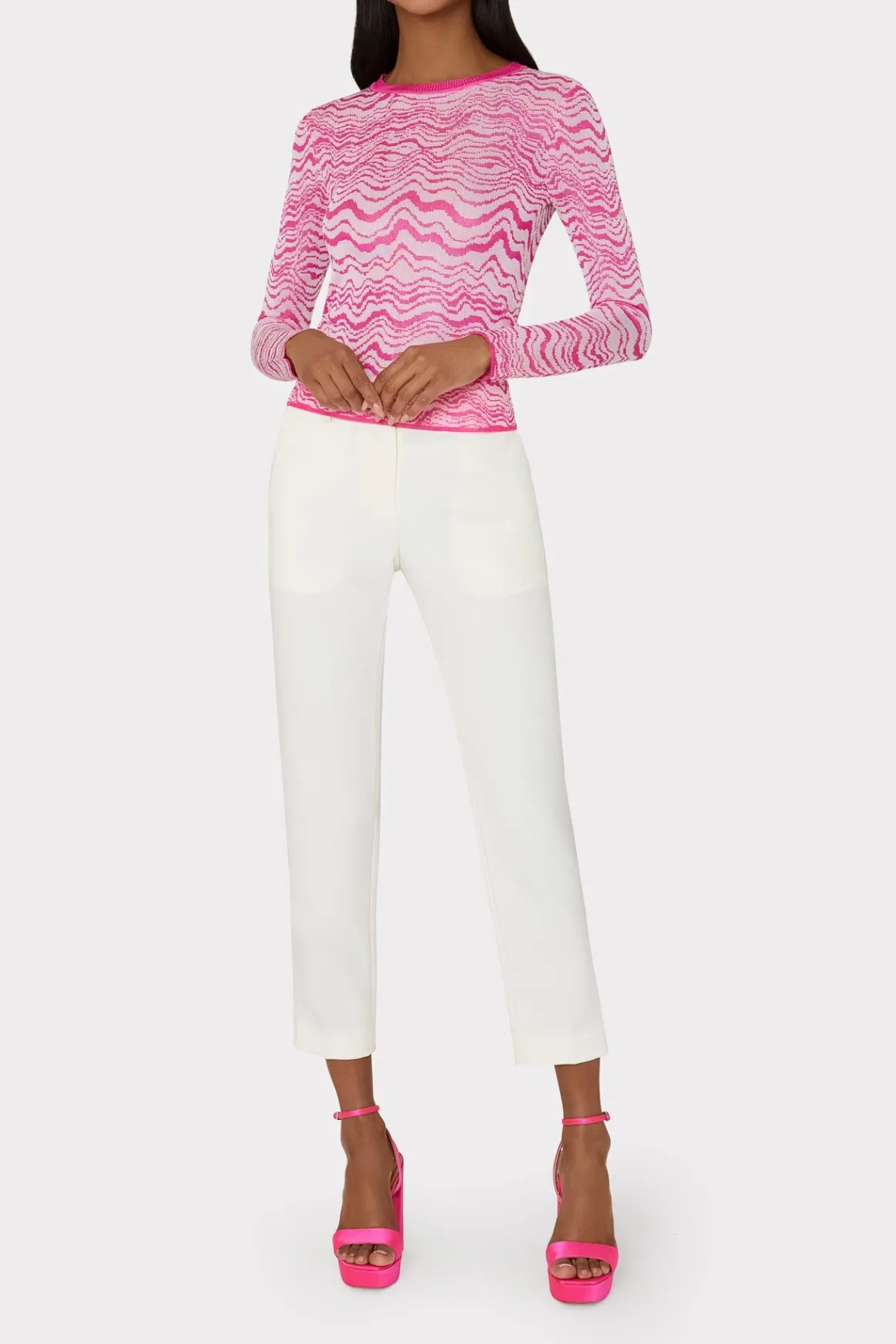 MILLY Jumpsuits & Rompers-Wave Jacquard Crewneck Pullover Pink/Ecru