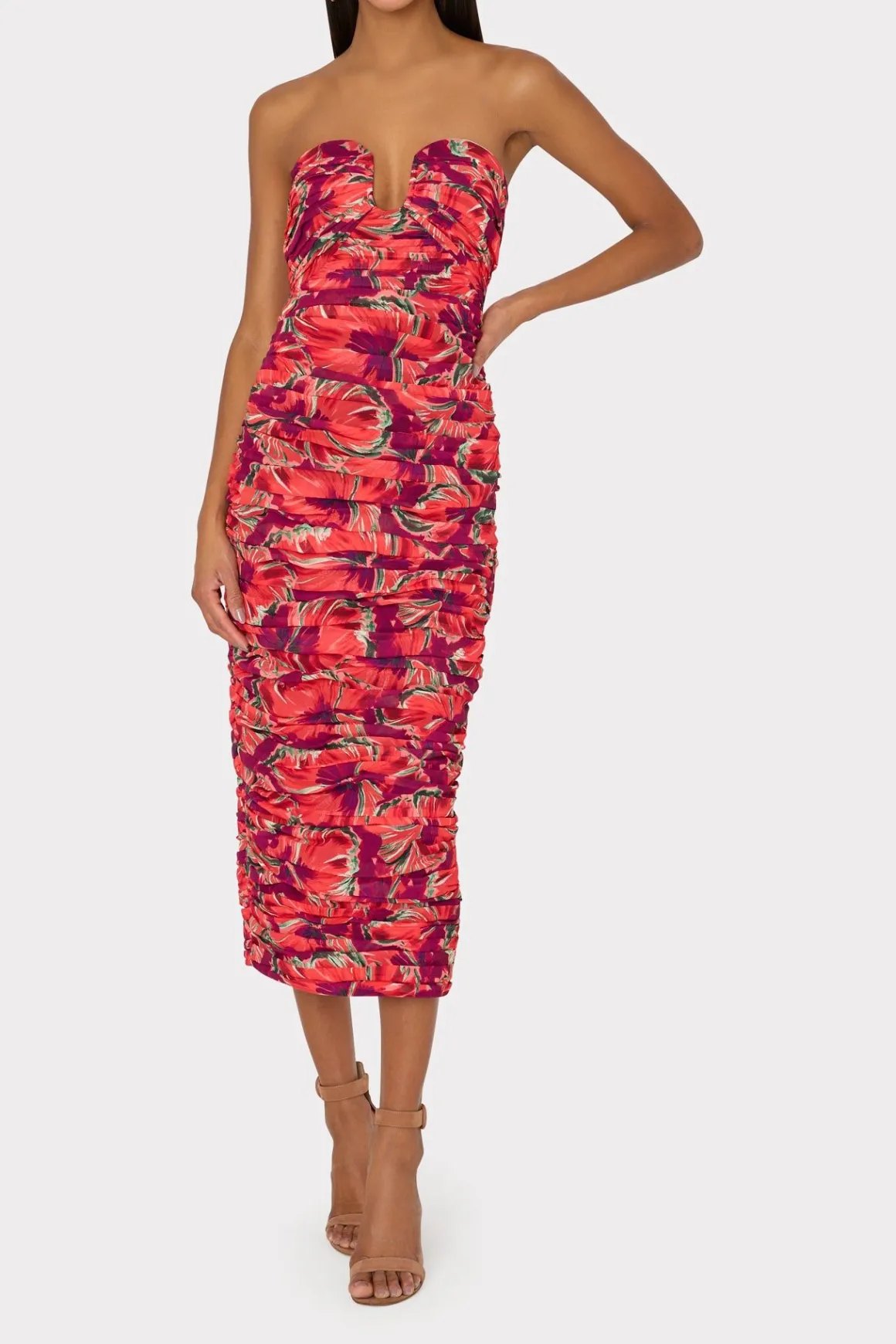 MILLY Evening Gowns-Windmill Floral Chiffon Dress Red Multi