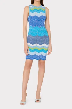 MILLY Mini Dresses-Zig Zag Knit Mini Dress Blue Multi
