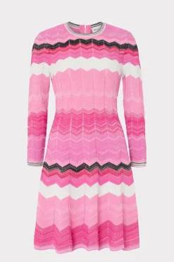 MILLY Knit Dresses-Zig Zag Long Sleeve Flare Dress Pink Multi