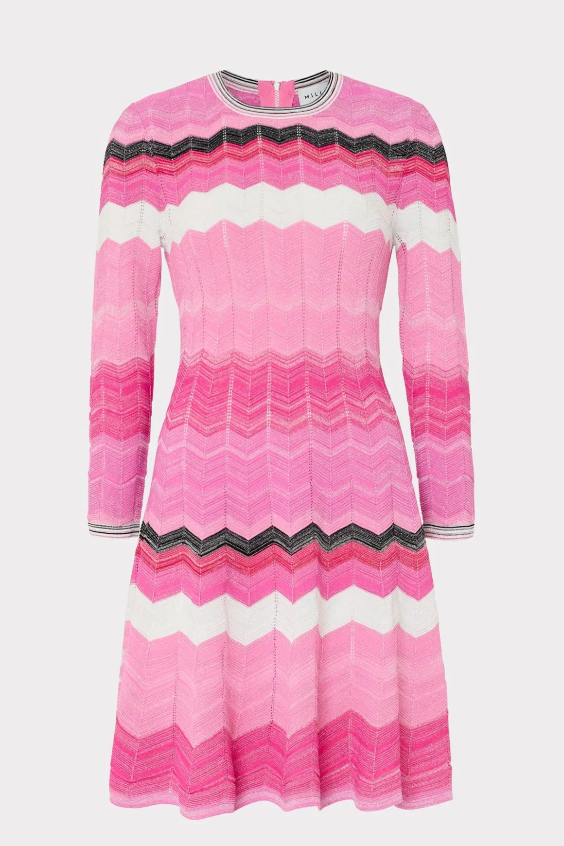 MILLY Knit Dresses-Zig Zag Long Sleeve Flare Dress Pink Multi
