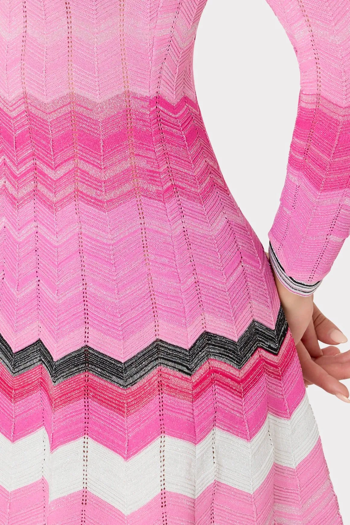 MILLY Knit Dresses-Zig Zag Long Sleeve Flare Dress Pink Multi